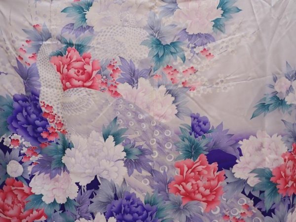 Photo8: 6121T11z1070 Vintage Japanese Kimono Silk FURISODE Peony Light gray (8)