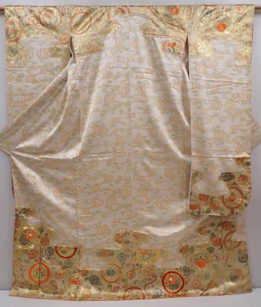 Photo1: 6121T12z1350 Vintage Japanese Kimono Silk FURISODE Flowers Sand beige (1)