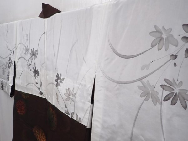 Photo7: 6126T01z570 Vintage Japanese Kimono Silk HAORI  Dark brown (7)