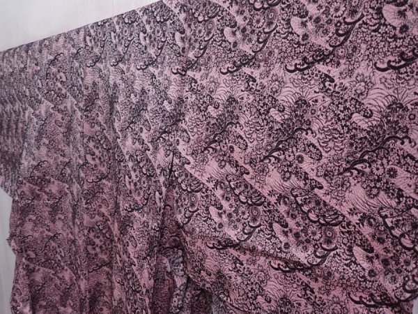 Photo2: 6126T08z900 Vintage Japanese Kimono Synthetic TSUMUGI Flowers Pink (2)
