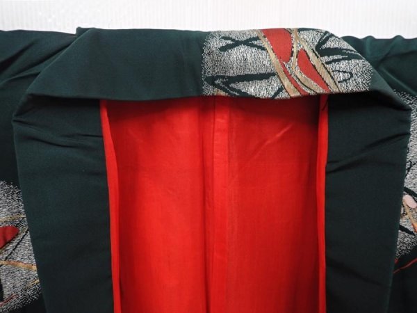 Photo8: 6126T09z730 Vintage Japanese Kimono Silk OMESHI  Dark green (8)