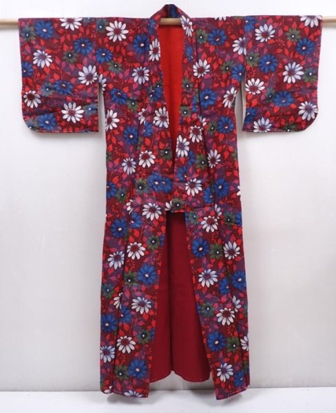 Photo8: 6126T10z800 Antique Japanese Kimono Cotton KOMON Flower Dark red (8)