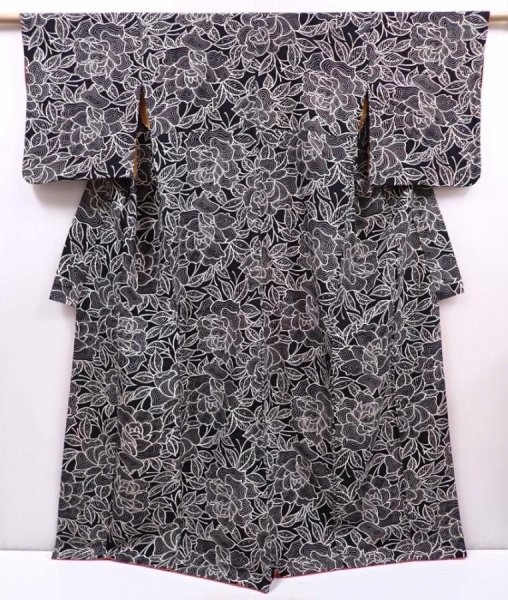 Photo1: 6126T12z760 Vintage Japanese Kimono Silk KOMON Peony Black (1)