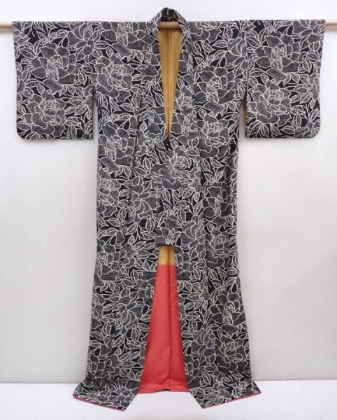 Photo8: 6126T12z760 Vintage Japanese Kimono Silk KOMON Peony Black (8)