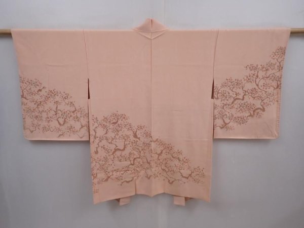 Photo1: 6128T01z600 Vintage Japanese Kimono Silk HAORI Tree Peach (1)