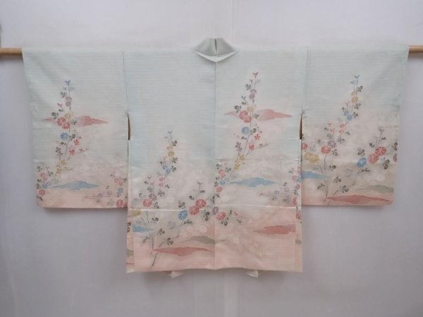 Photo1: 6128T02z510 Vintage Japanese Kimono Silk HAORI Chrysanthemum Light blue (1)
