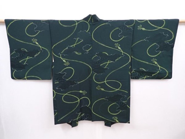 Photo1: 6128T04z600 Vintage Japanese Kimono Silk HAORI  Kumihimo Dark green (1)