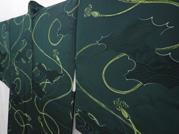 Photo2: 6128T04z600 Vintage Japanese Kimono Silk HAORI  Kumihimo Dark green (2)