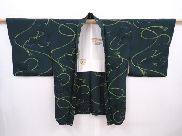 Photo4: 6128T04z600 Vintage Japanese Kimono Silk HAORI  Kumihimo Dark green (4)