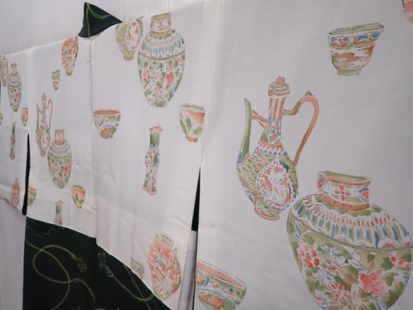 Photo7: 6128T04z600 Vintage Japanese Kimono Silk HAORI  Kumihimo Dark green (7)