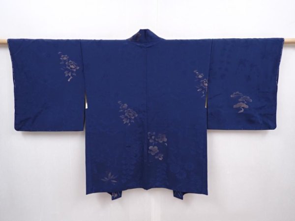 Photo1: 6128T05z610 Vintage Japanese Kimono Silk HAORI Flowers Navy (1)