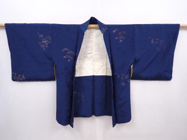 Photo5: 6128T05z610 Vintage Japanese Kimono Silk HAORI Flowers Navy (5)