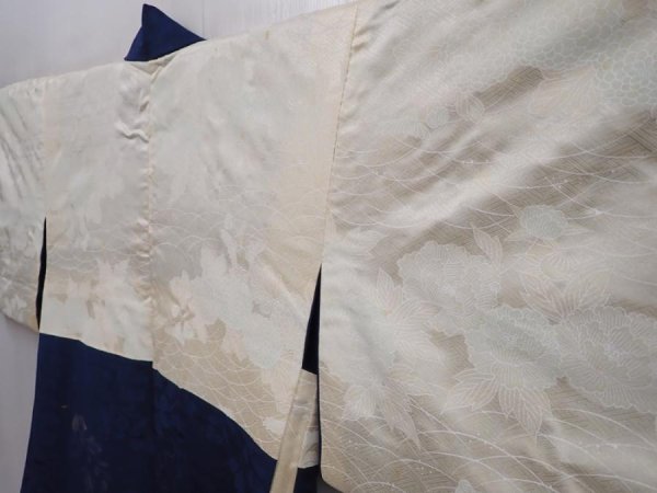 Photo7: 6128T05z610 Vintage Japanese Kimono Silk HAORI Flowers Navy (7)