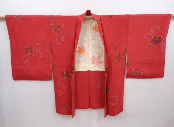 Photo5: 6128T06z580 Vintage Japanese Kimono Silk HAORI Rose Dull red (5)