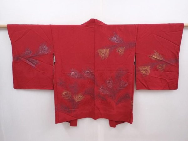 Photo1: 6128T07z560 Vintage Japanese Kimono Silk HAORI Peacock feather Dull red (1)