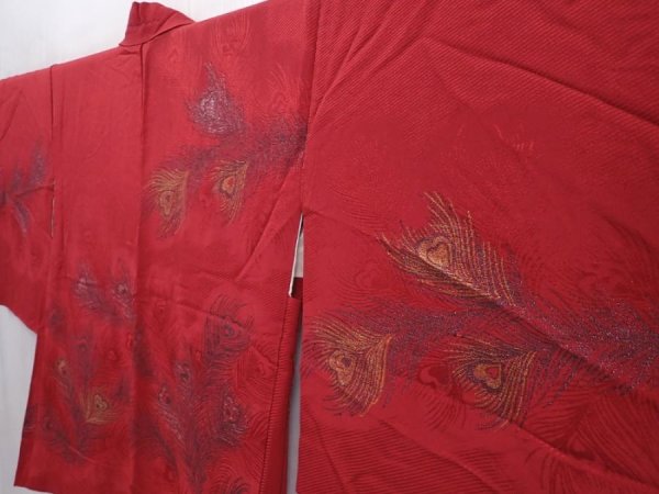 Photo2: 6128T07z560 Vintage Japanese Kimono Silk HAORI Peacock feather Dull red (2)