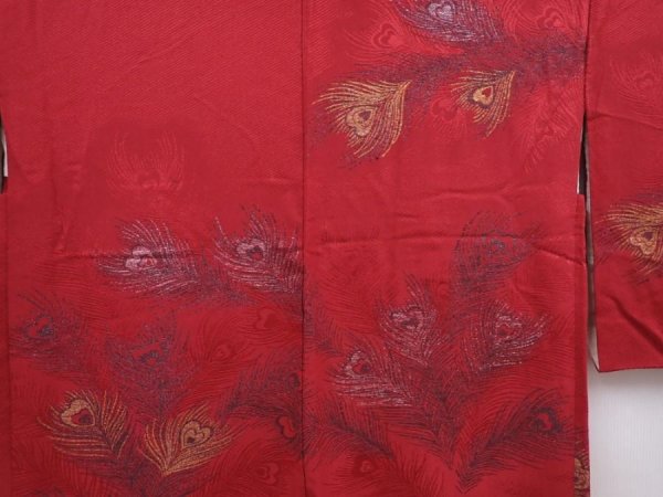 Photo3: 6128T07z560 Vintage Japanese Kimono Silk HAORI Peacock feather Dull red (3)