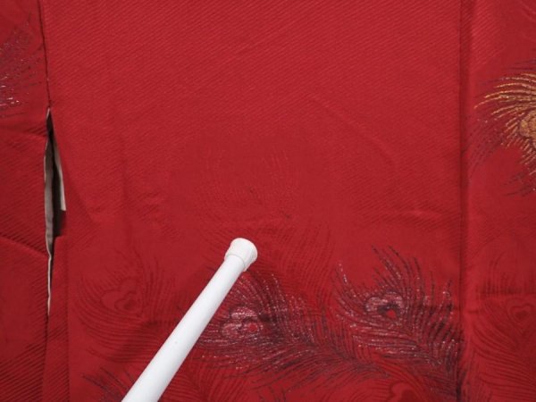 Photo5: 6128T07z560 Vintage Japanese Kimono Silk HAORI Peacock feather Dull red (5)