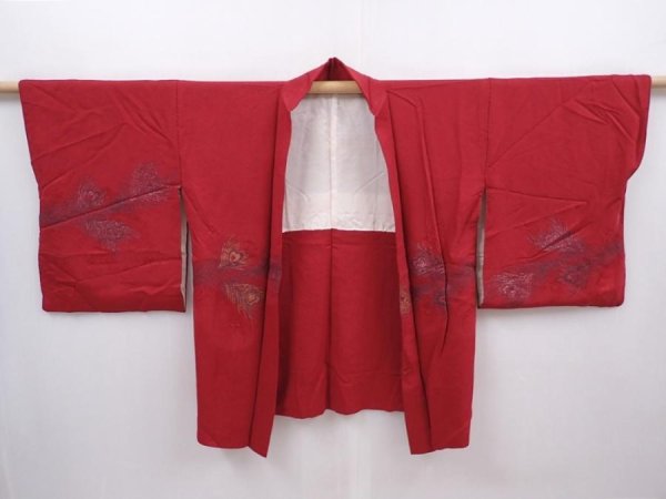 Photo6: 6128T07z560 Vintage Japanese Kimono Silk HAORI Peacock feather Dull red (6)