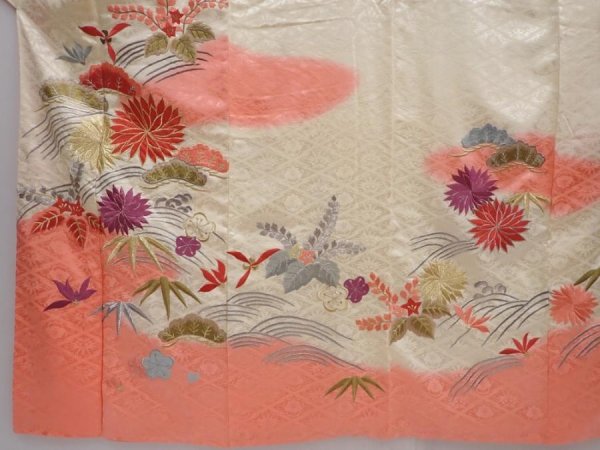 Photo5: 6128T12z1120 Vintage Japanese Kimono Silk FURISODE Chrysanthemum Off-white (5)