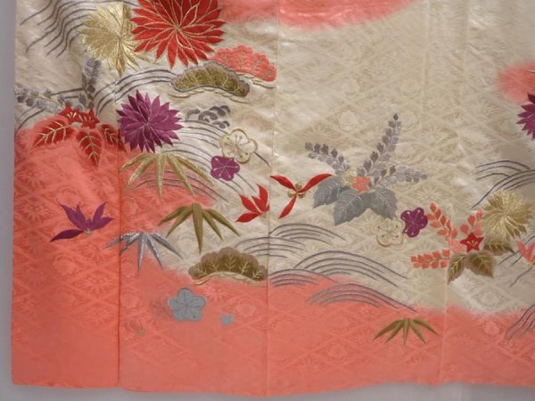 Photo6: 6128T12z1120 Vintage Japanese Kimono Silk FURISODE Chrysanthemum Off-white (6)