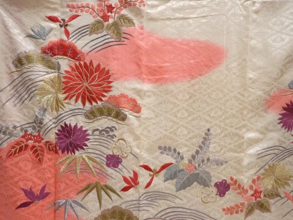 Photo8: 6128T12z1120 Vintage Japanese Kimono Silk FURISODE Chrysanthemum Off-white (8)