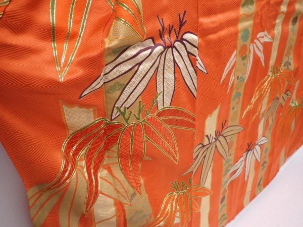 Photo3: 6128T13z1020 Vintage Japanese Kimono Silk FURISODE Bamboo Dark orange (3)