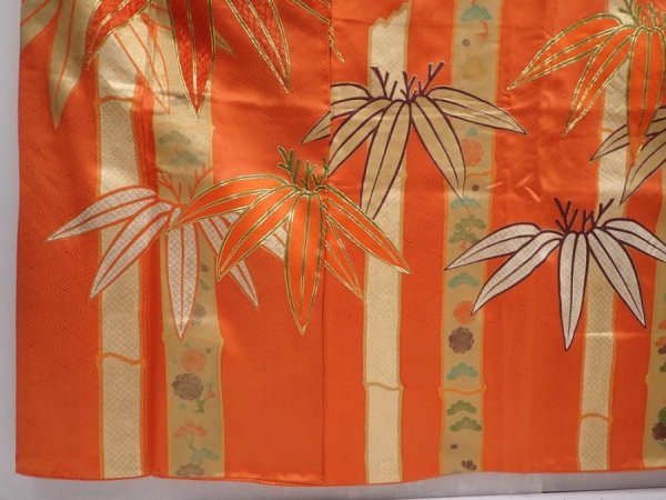 Photo6: 6128T13z1020 Vintage Japanese Kimono Silk FURISODE Bamboo Dark orange (6)