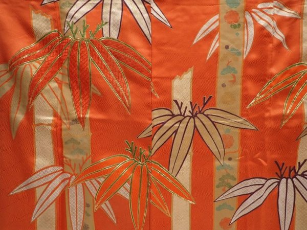 Photo8: 6128T13z1020 Vintage Japanese Kimono Silk FURISODE Bamboo Dark orange (8)