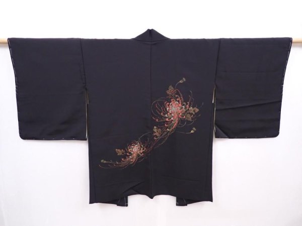 Photo1: 6129T07z550 Vintage Japanese Kimono Silk HAORI Chrysanthemum Black (1)