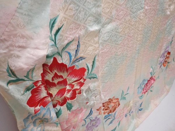 Photo3: 6129T09z1020 Vintage Japanese Kimono Silk FURISODE Peony Off-white (3)