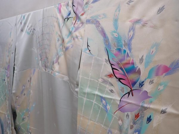 Photo2: 6129T10z1100 Vintage Japanese Kimono Silk FURISODE Peacock feather (2)