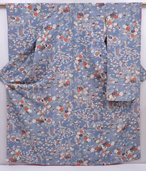 Photo1: 6129T11z1100 Vintage Japanese Kimono Silk FURISODE Flowers Steel blue (1)
