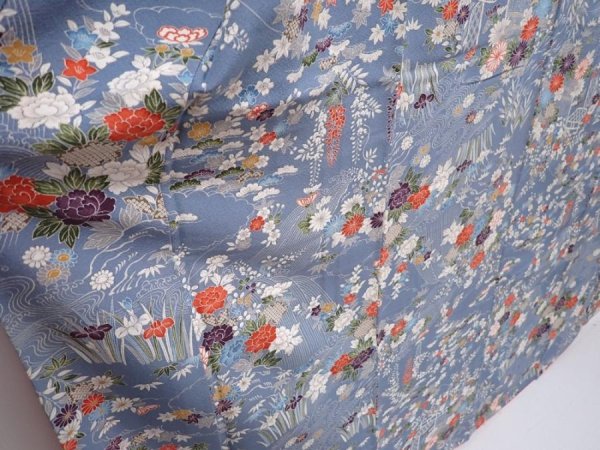 Photo3: 6129T11z1100 Vintage Japanese Kimono Silk FURISODE Flowers Steel blue (3)
