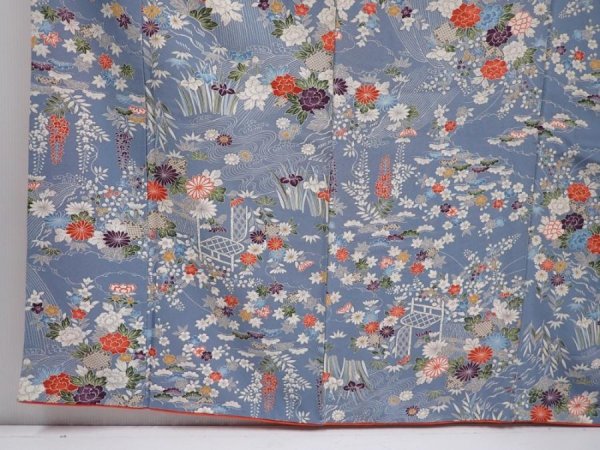 Photo6: 6129T11z1100 Vintage Japanese Kimono Silk FURISODE Flowers Steel blue (6)