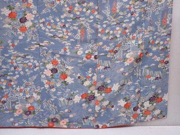 Photo7: 6129T11z1100 Vintage Japanese Kimono Silk FURISODE Flowers Steel blue (7)