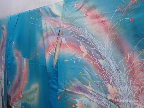 Photo2: 6129T13z1160 Vintage Japanese Kimono Silk FURISODE Flowers Cyan blue (2)