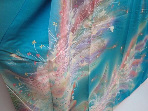 Photo3: 6129T13z1160 Vintage Japanese Kimono Silk FURISODE Flowers Cyan blue (3)