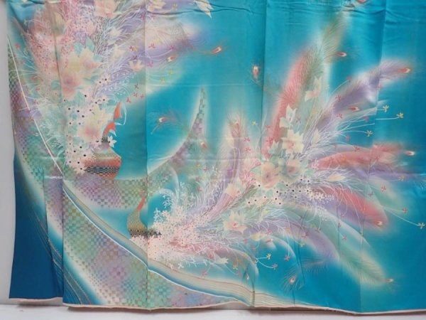 Photo5: 6129T13z1160 Vintage Japanese Kimono Silk FURISODE Flowers Cyan blue (5)