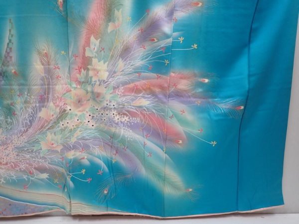Photo7: 6129T13z1160 Vintage Japanese Kimono Silk FURISODE Flowers Cyan blue (7)
