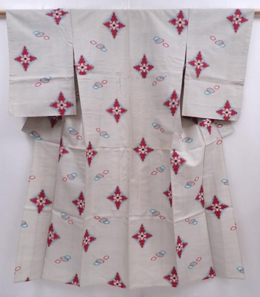 Photo1: 6206T06z350 Vintage Japanese Kimono Silk HITOE MEISEN KOMON  Light gray (1)