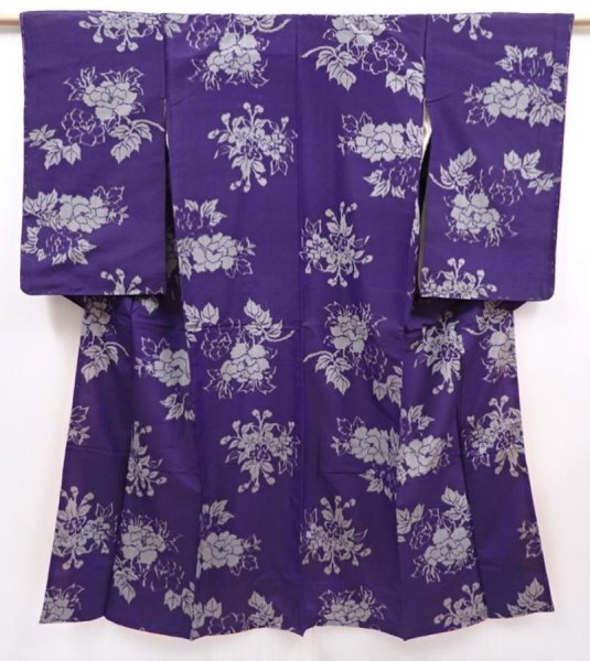 Photo1: 6206T08z460 Vintage Japanese Kimono Silk MEISEN KOMON  Dark lavender blue (1)