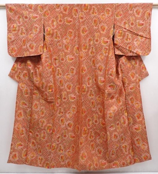 Photo1: 6206T11z610 Vintage Japanese Kimono Silk MEISEN KOMON Vase Dark coral (1)