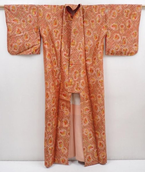 Photo8: 6206T11z610 Vintage Japanese Kimono Silk MEISEN KOMON Vase Dark coral (8)