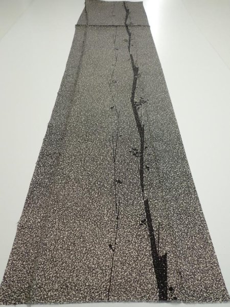 Photo5: 2Q03z90  Japanese Kimono Silk  FABRIC Plum tree Black 65.0x14.8 (5)