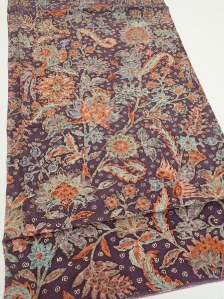 Photo2: 2Q01z60  Japanese Kimono Silk  FABRIC Flowers Bird  45.3x15.0 (2)