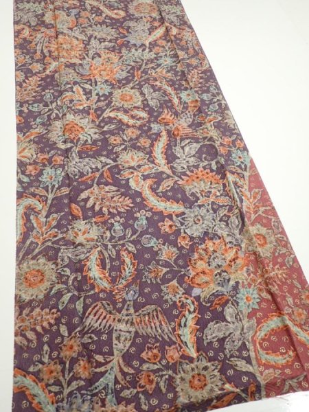 Photo2: 2Q04z90  Japanese Kimono Silk  FABRIC Flowers Bird  69.7x15.0 (2)