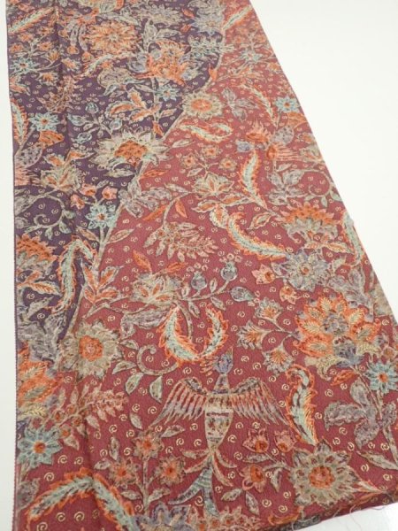 Photo2: 2Q05z90  Japanese Kimono Silk  FABRIC Flowers Bird  66.1x15.0 (2)