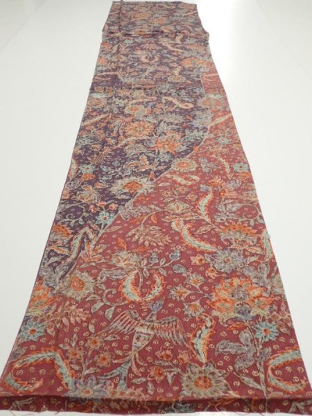 Photo5: 2Q05z90  Japanese Kimono Silk  FABRIC Flowers Bird  66.1x15.0 (5)