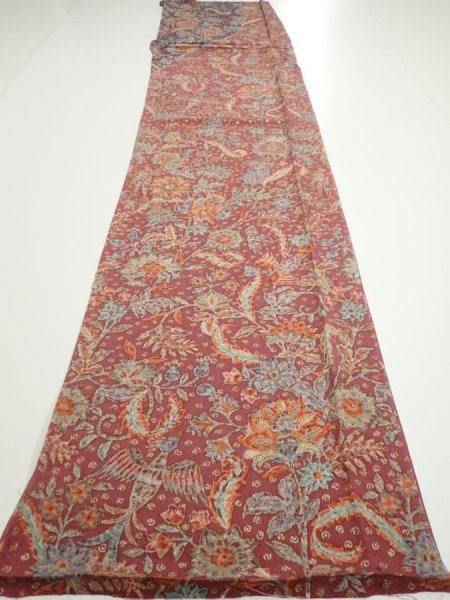 Photo5: 2Q06z90  Japanese Kimono Silk  FABRIC Flowers Bird  66.1x15.0 (5)